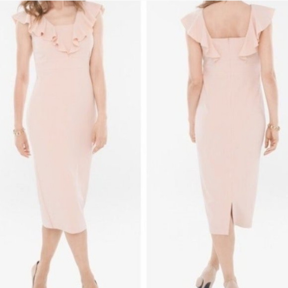 NWT Chico's Soft Blush Pink Ruffled Sheath Midi Dress Sz 10